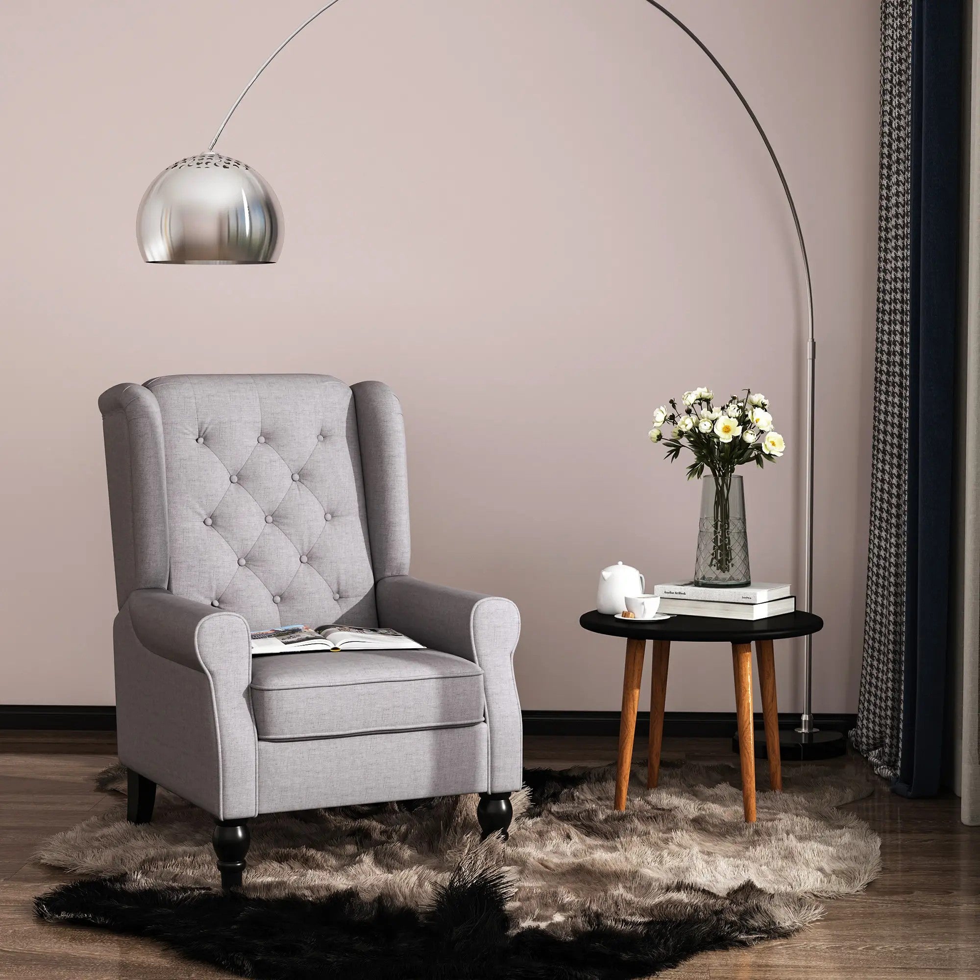 Single armchair, wing chair accent chair with tufting wooden feet, polyester grey