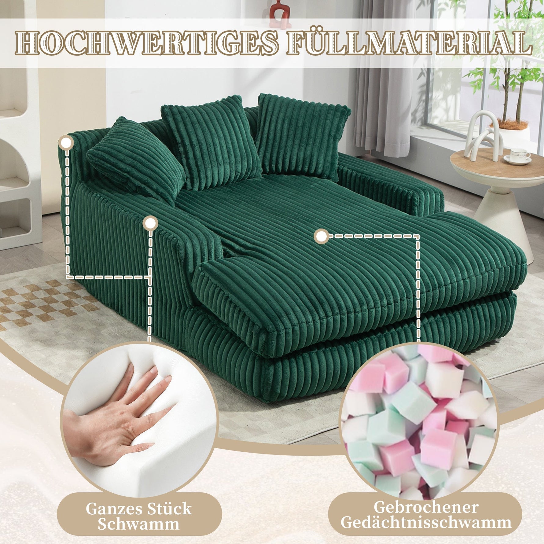 Sofa Bed, Cloud Couch with 3 Soft Pillows, Single Seat, Corduroy Emerald