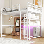 Loft Bed 140x200cm with LED Lights Desk Drawer Shelves Stairs Metal White