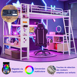 Loft Bed with Desk, LED Lights, Storage and USB Port, 140 x 200 cm, White Iron Frame