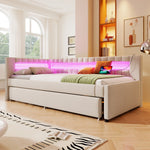 Daybed with LED Light Strip and Pull-out Bed, USB + Type-C, Beige Linen