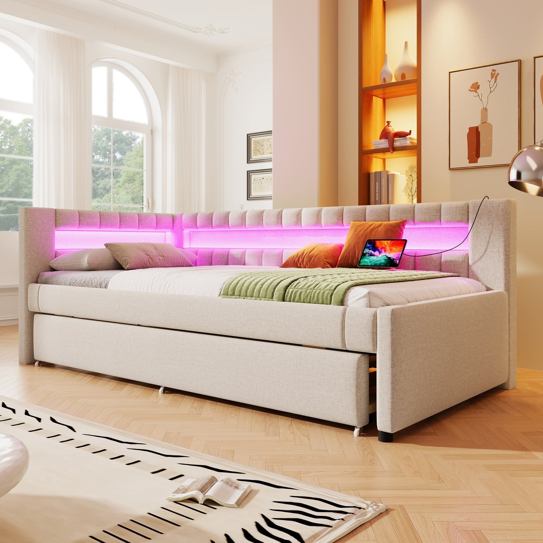 Daybed with LED Light Strip and Pull-out Bed, USB + Type-C, Beige Linen
