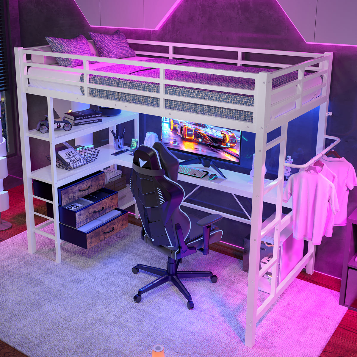 Loft Bed 90x200cm with Desk, LED Lights & Drawers, White