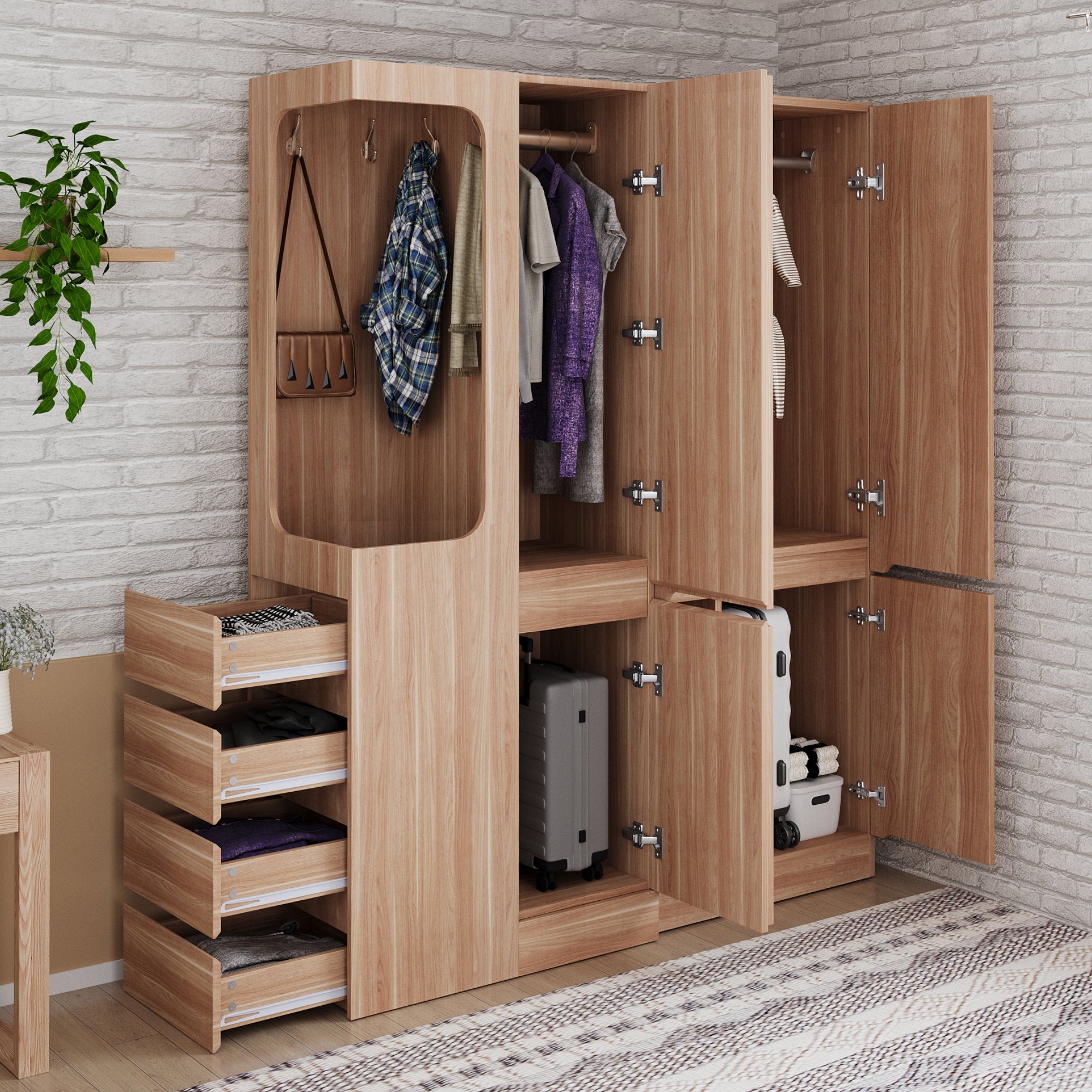 Extra-Large Wardrobe with Drawers and Storage Compartments, 140x40x170cm, Wood Color