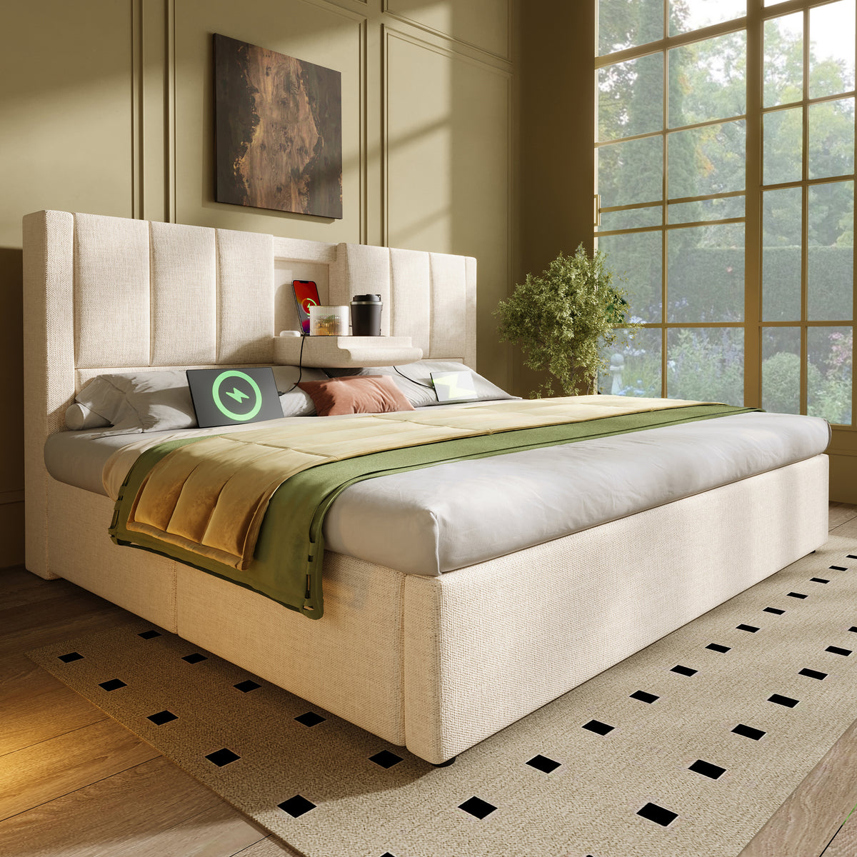 Upholstered Bed 140x190cm with Storage & Charging, Beige Linen