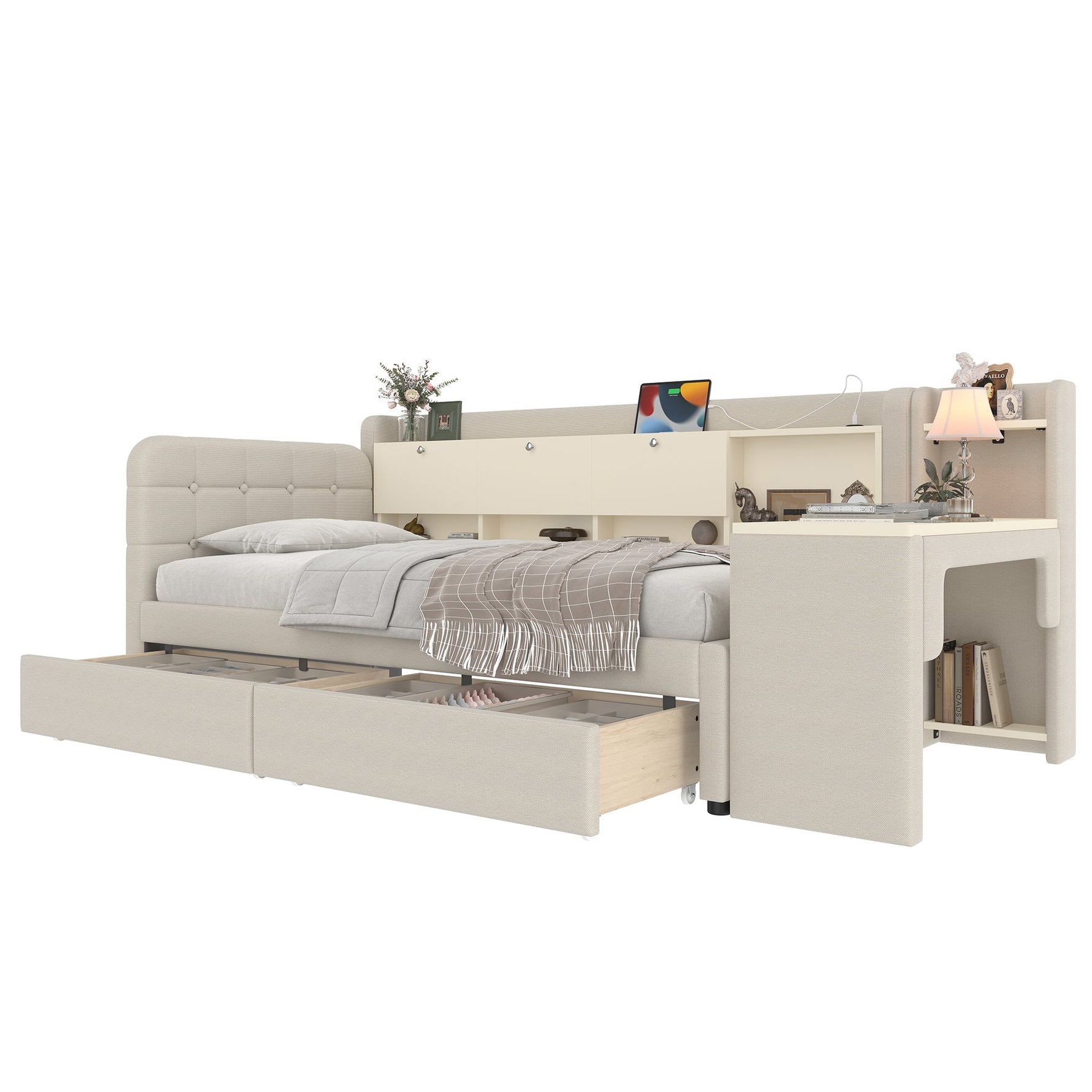 Daybed with Desk and Drawers, USB Ports and Storage, Beige Linen