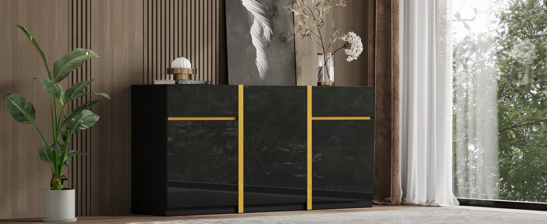 Luxurious Sideboard with 3 Doors and 2 Drawers, High-Gloss Lacquer Finish