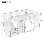 Loft Bed with Storage Stairs and Window, 90x200cm, White Pine Wood + MDF