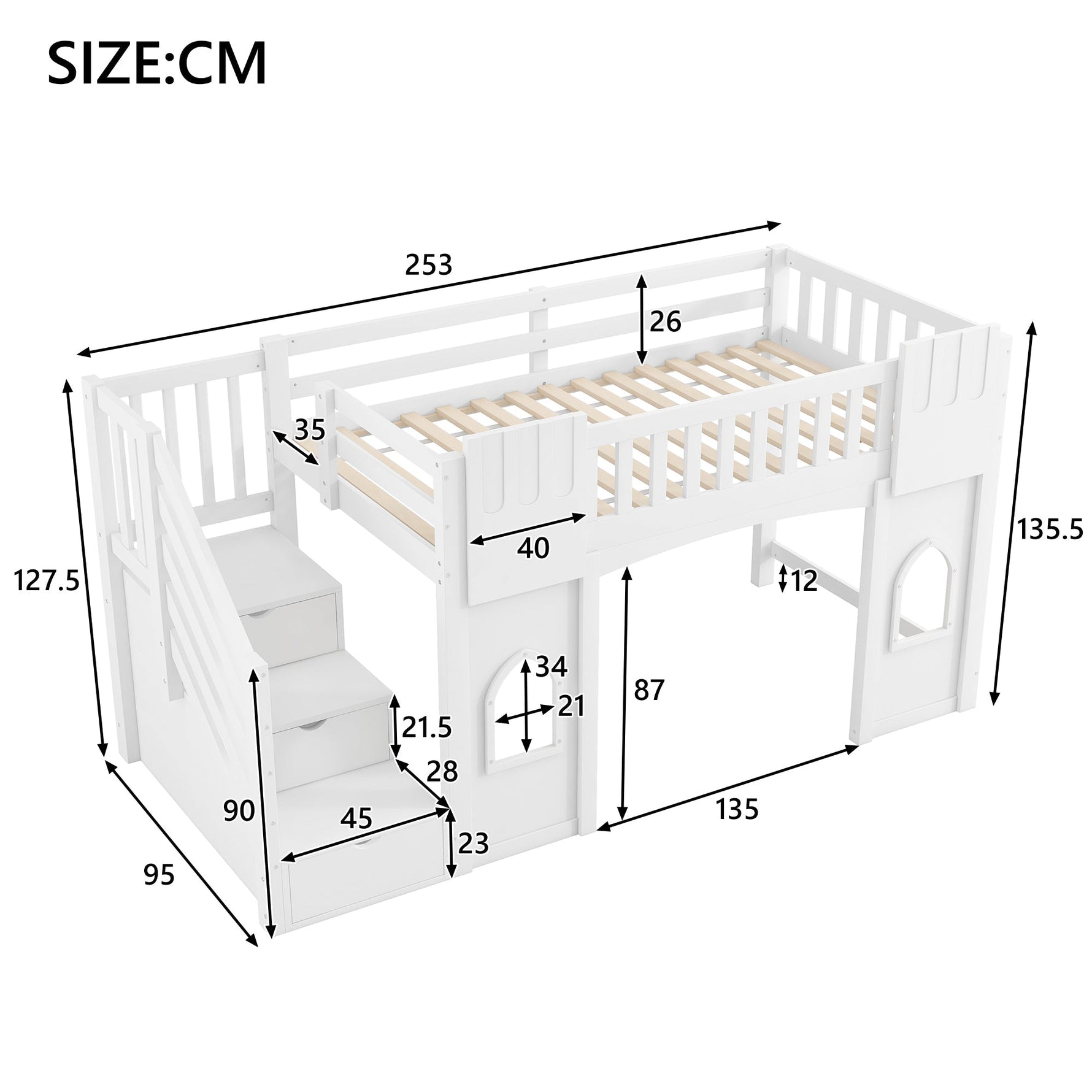 Loft Bed with Storage Stairs and Window, 90x200cm, White Pine Wood + MDF