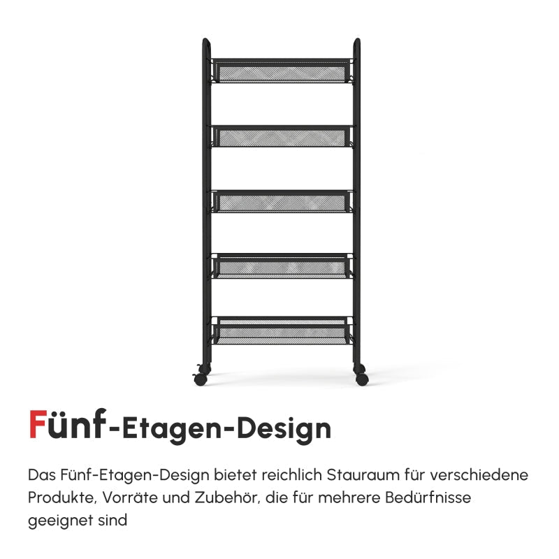 Rolling Cart 4 Tier, 5 Baskets, Steel Black