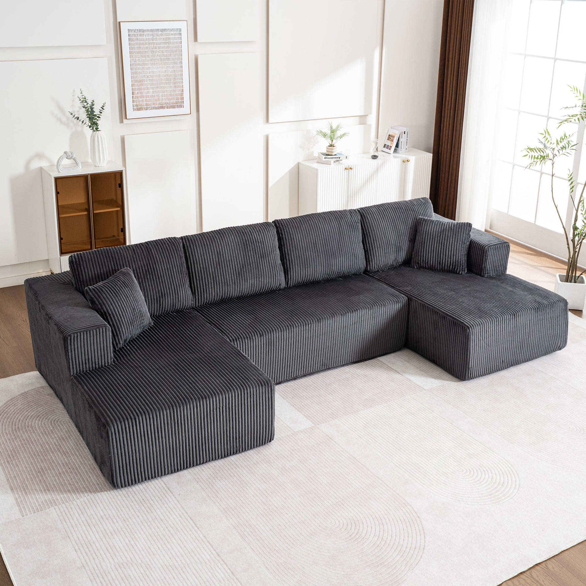 Modern U-Type Leisure Sofa with Modular Design and Lounge Chairs, Lamp Fabric
