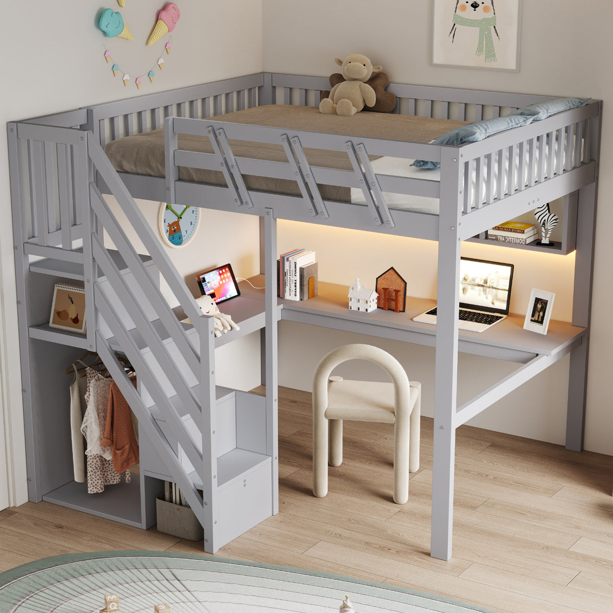 Solid Wood Loft Bed 140x200 with Desk, Storage & LED, Grey
