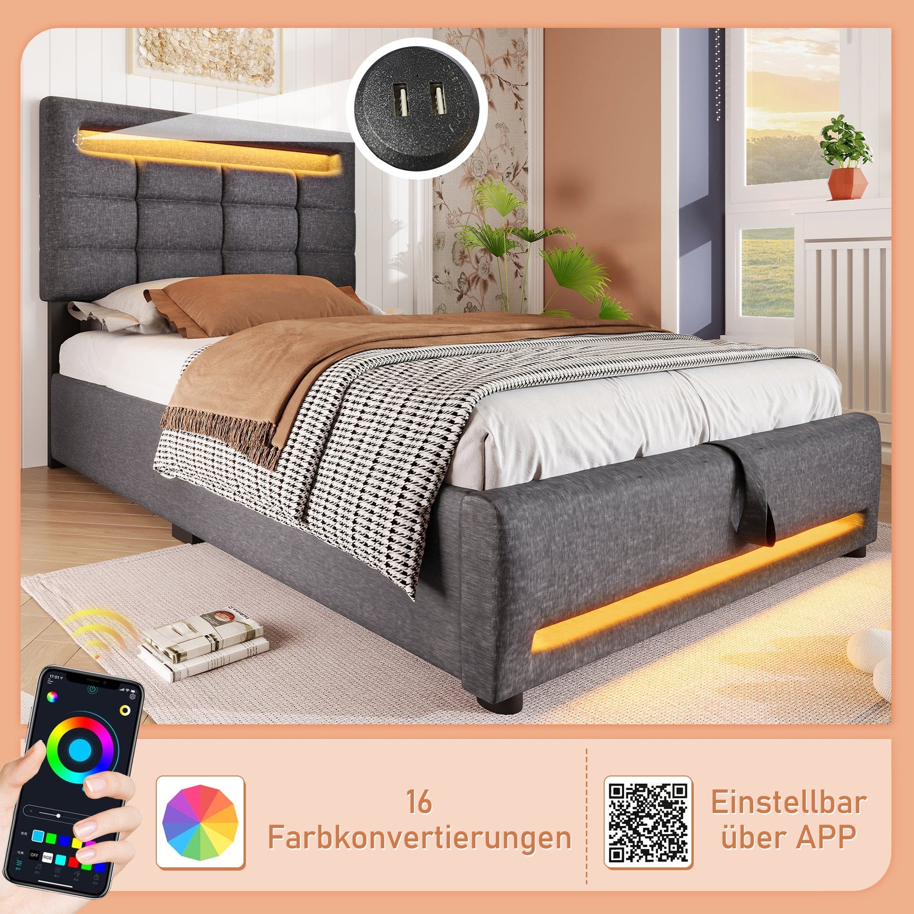 Upholstered Bed with LED Lights, APP Control, Hydraulic Storage and USB Port, Grey Linen
