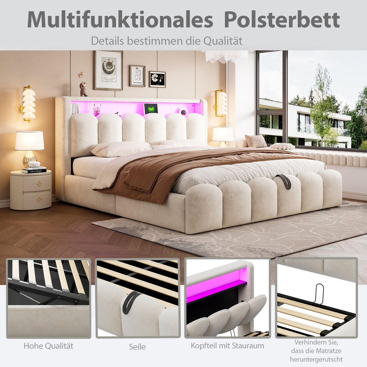 Upholstered Bed 180x200cm with Storage & LED, Beige Velvet