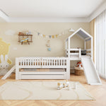 House Bunk Bed with Slide, Trundle & Drawers, White Solid Wood