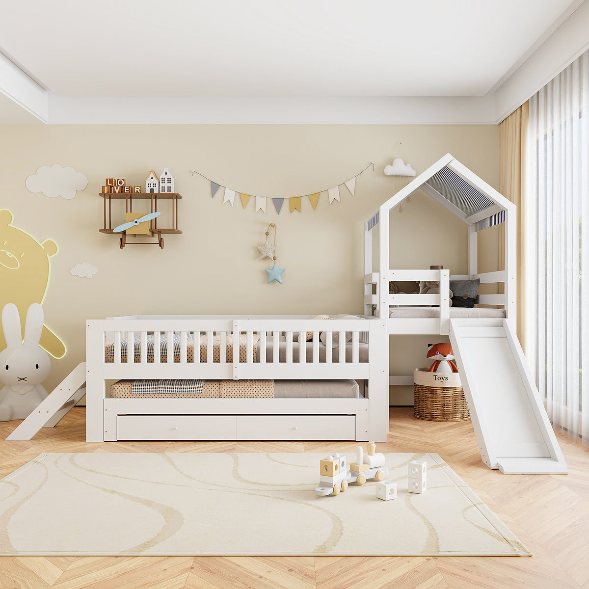 House Bunk Bed with Slide, Trundle & Drawers, White Solid Wood