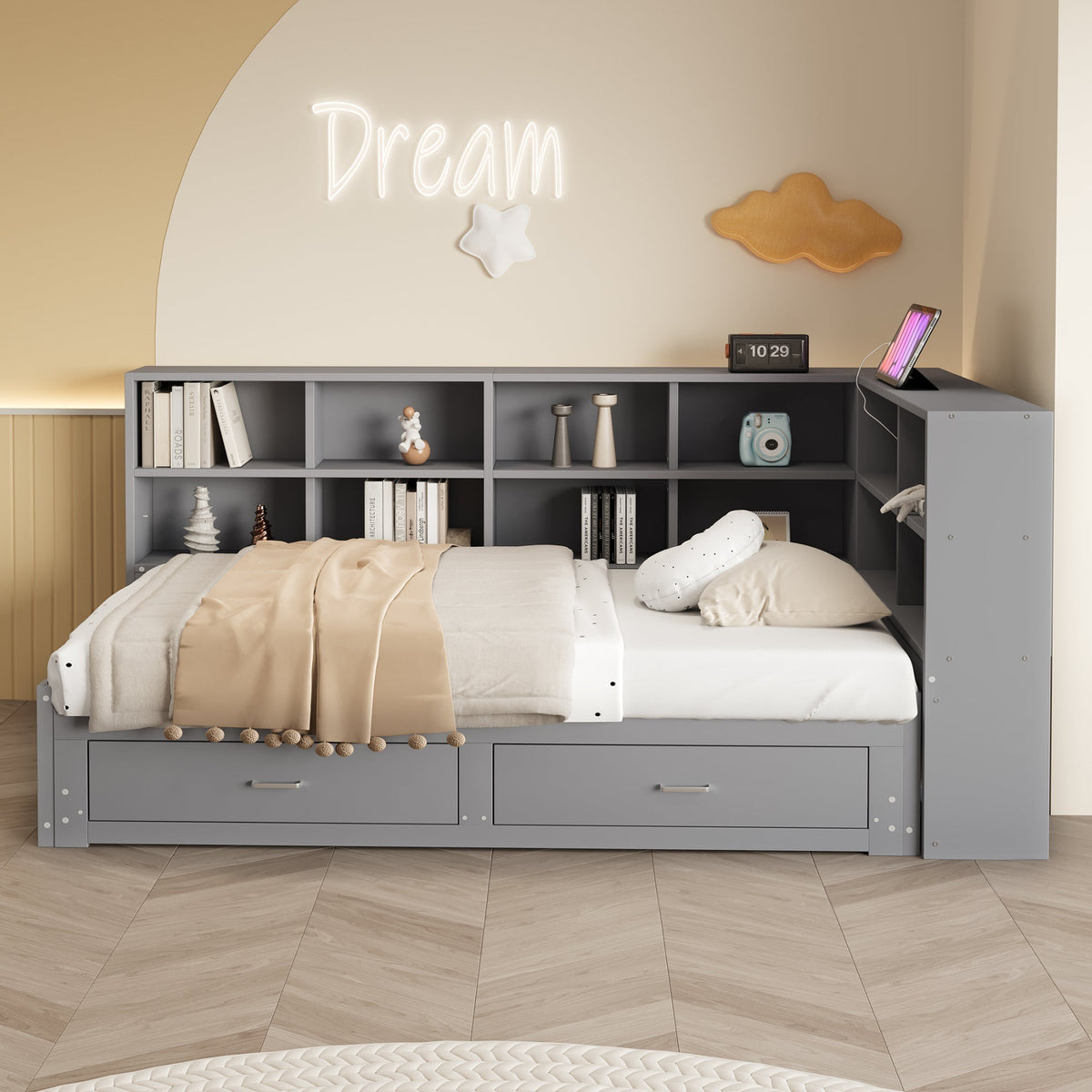 Solid Wood Sofa 90/180x190cm Pull-out Bed Storage Drawers, Grey