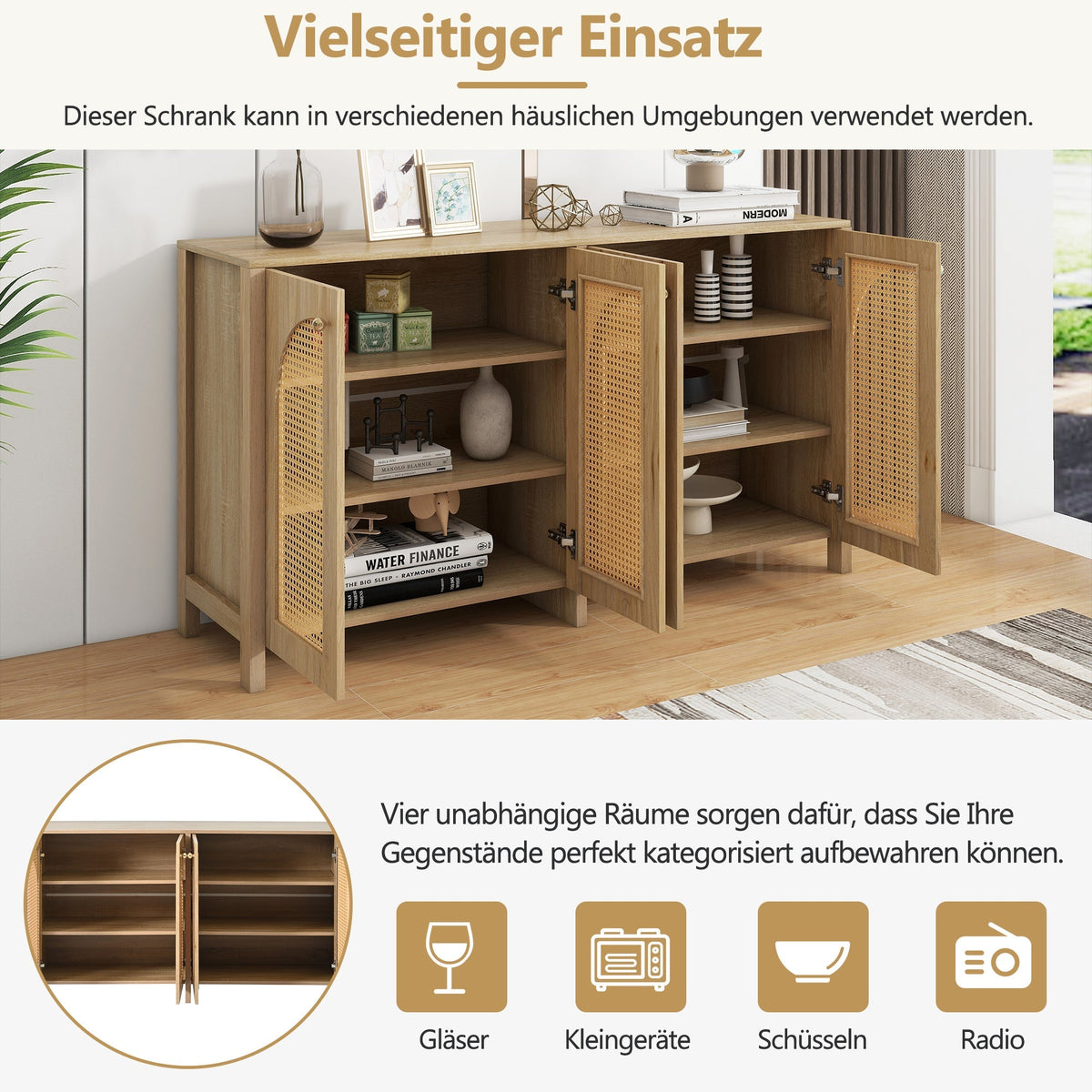 Sideboard, Minimalist with 4 Rattan Doors & Metal Handles, Natural Wood