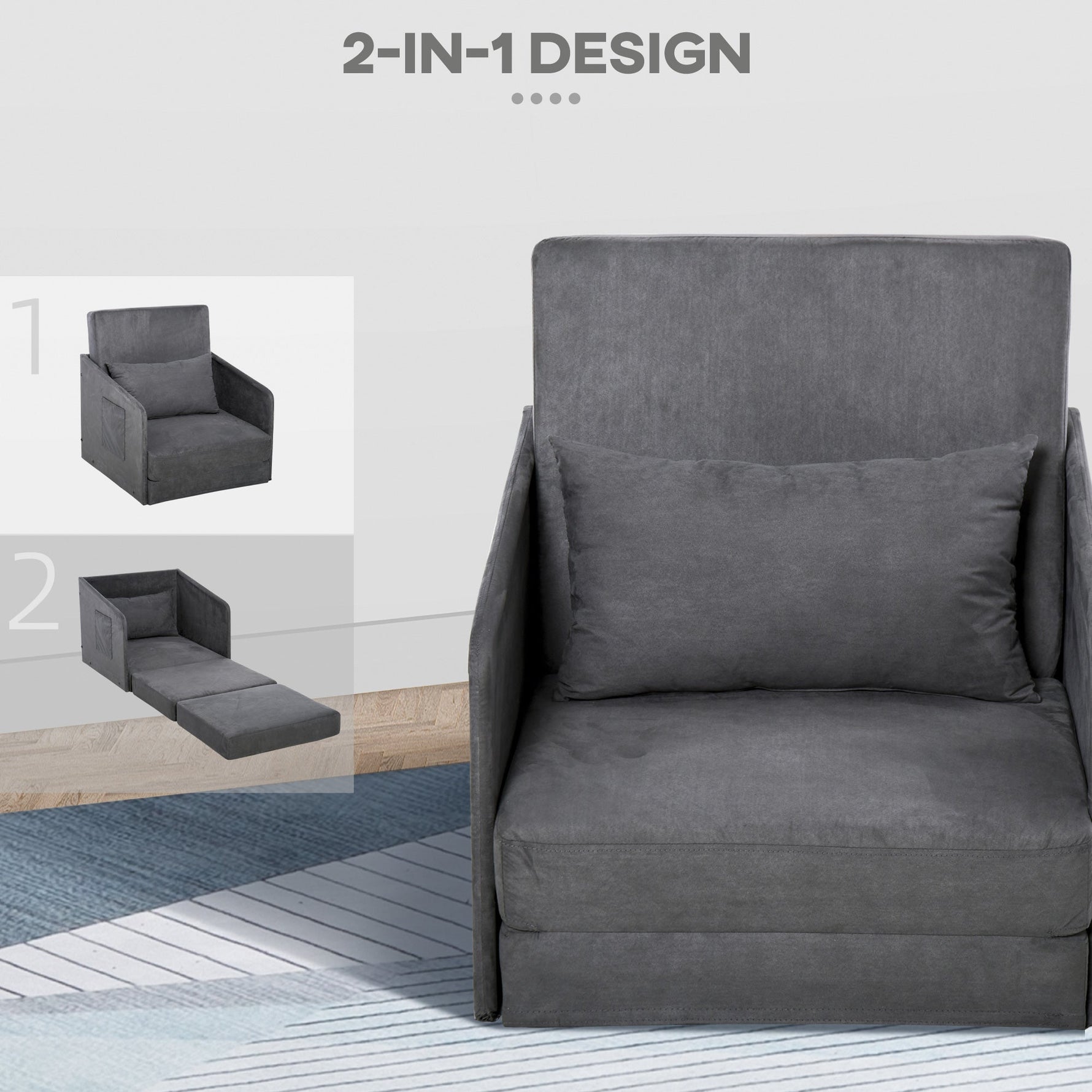 Sofa Bed, Single, Washable Cover, 2 Side Pockets, Metal Frame, Grey