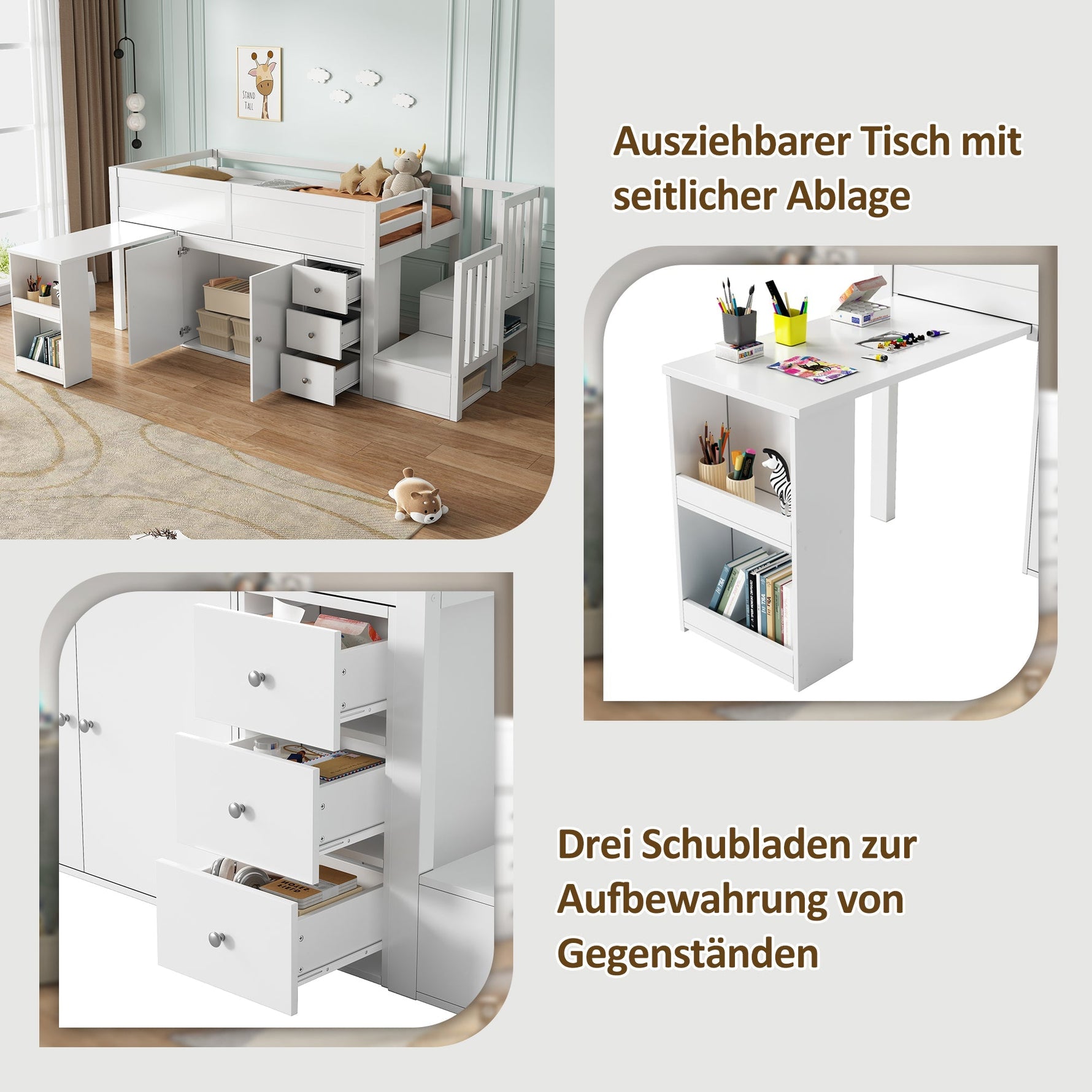Multifunctional Children's Loft Bed with Desk, Wardrobe and Storage Stairs, White MDF