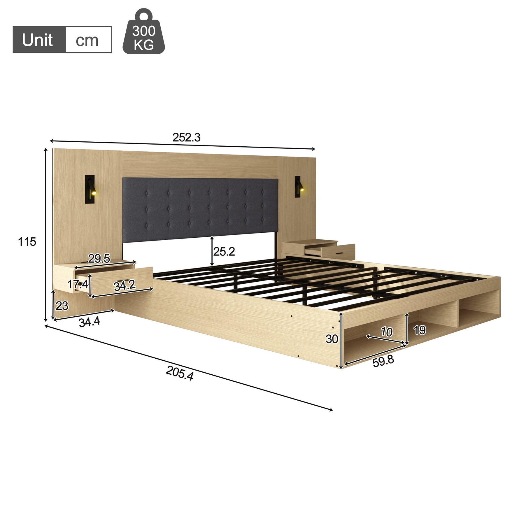 Double Bed with Storage, Charging Station, Reading Lamp and 2 Bedside Tables, 180x200cm, Light Oak Wood