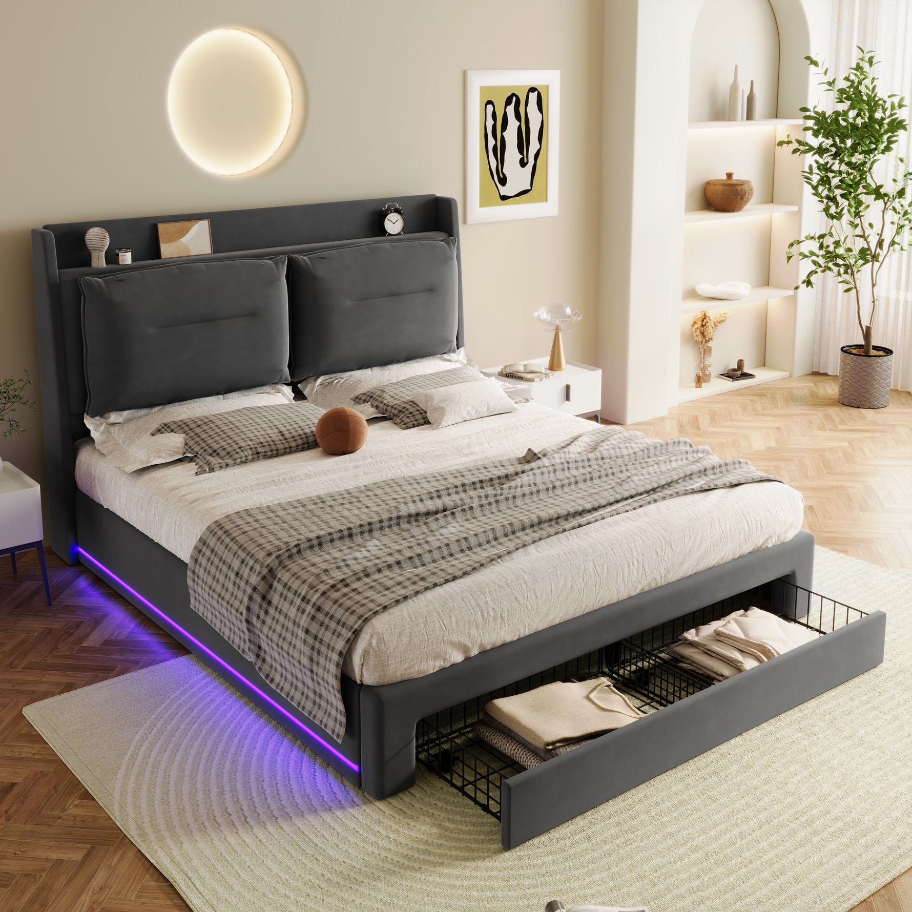 LED upholstered bed, 140 × 190 cm, hydraulic bed, 2-in-1 storage drawers at the foot of the bed, built-in LED light strips on both sides of the bed, slatted base, mattress not included, velvet, grey.