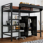 Iron Bunk Bed with Table, Wardrobe, Storage, 5-Step Ladder, 90x200cm - Black Iron/Chipboard