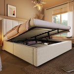 Upholstered Double Bed 180x200cm Hydraulic Storage, Linen Beige