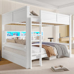 Bunk Bed with Storage Cabinets and LED Light, 160x200cm, White