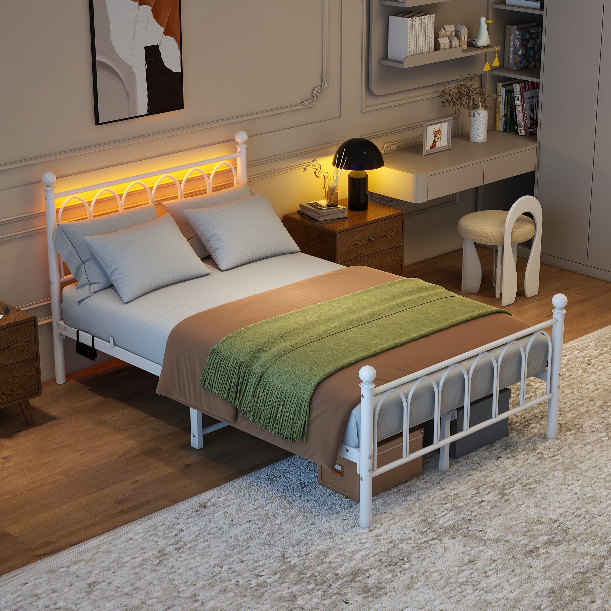 Metal Bed Frame 120x200cm, Vintage Headboard & Footboard with USB & LED, Heavy-Duty Steel, White