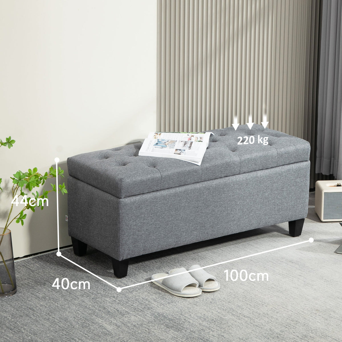 Upholstered Bench Storage Chest Hallway Bedroom 100x40x44 cm, Light Grey Polyester/Rubberwood