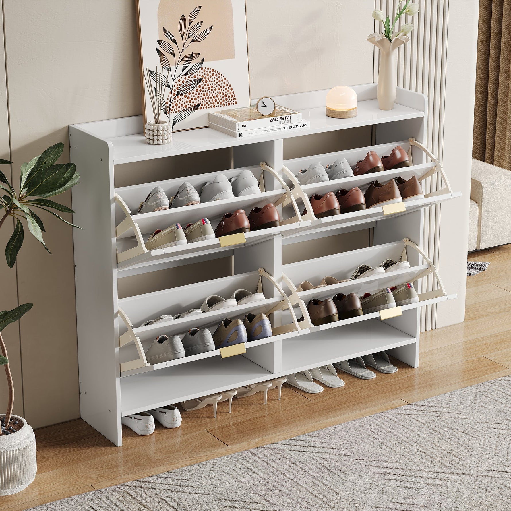 Shoe Cabinet 4 Drop-Down Compartments Open Shelves Entryway/Hallway, White