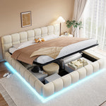 Upholstered Double Bed with Light Strip and Hydraulic Storage, 180x200cm, Beige Velvet Fabric