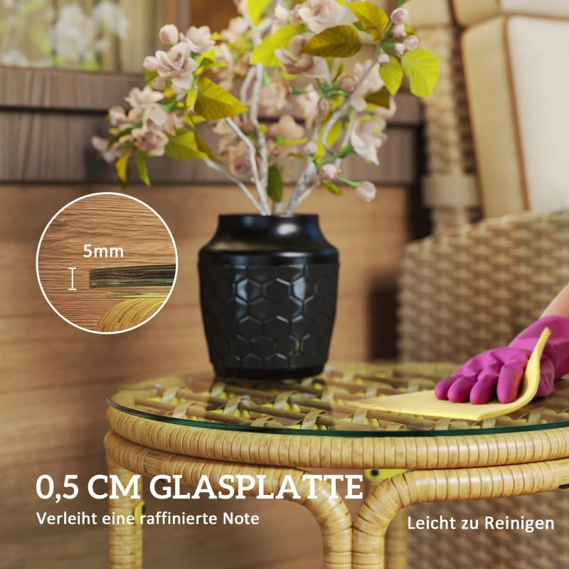 Side Table, Round Coffee Table, Glass Top, Polyrattan, Yellow