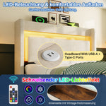 Upholstered Bed 90x200 cm with Hydraulic Storage, LED Lighting and USB Charging, Beige Linen