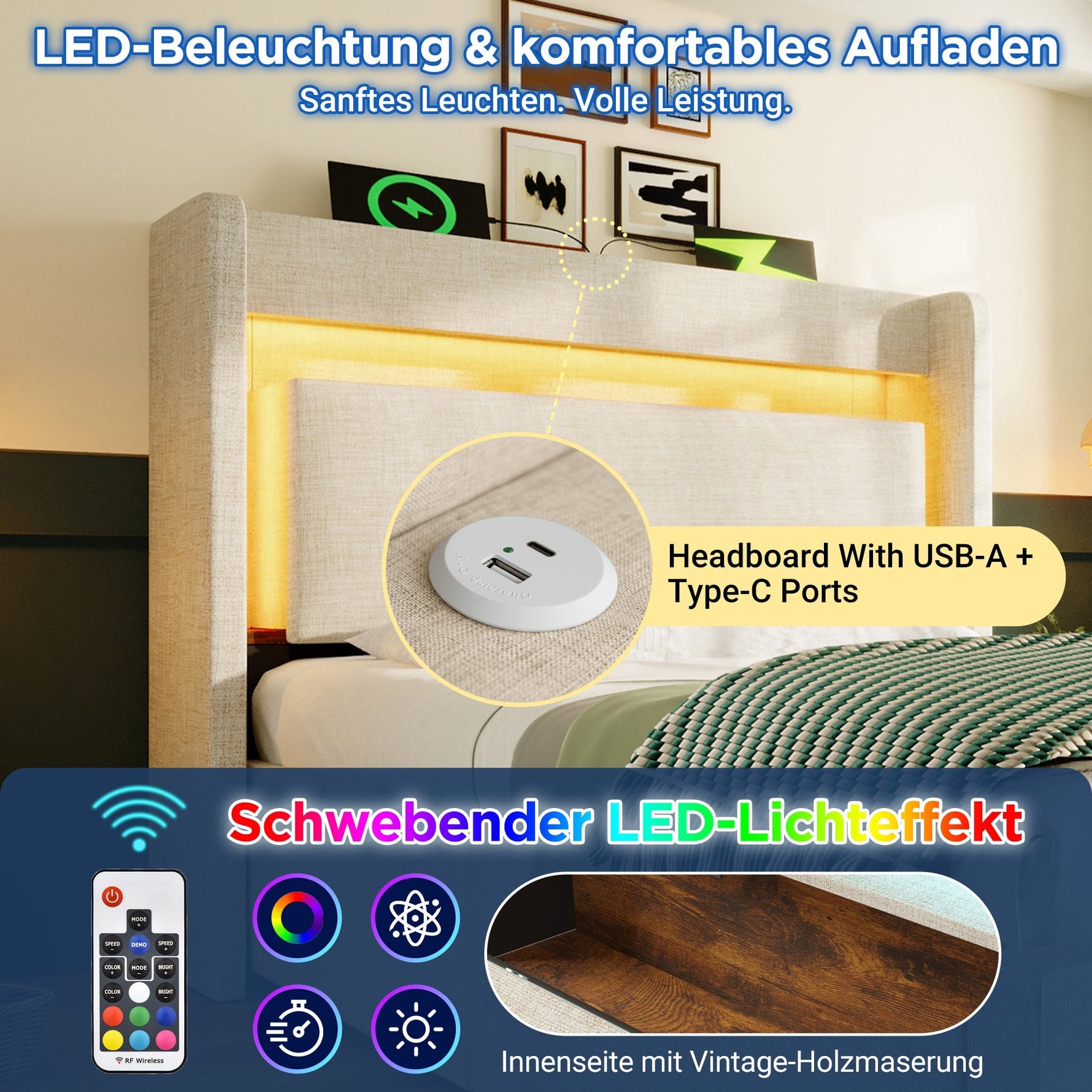 Upholstered Bed 90x200 cm with Hydraulic Storage, LED Lighting and USB Charging, Beige Linen