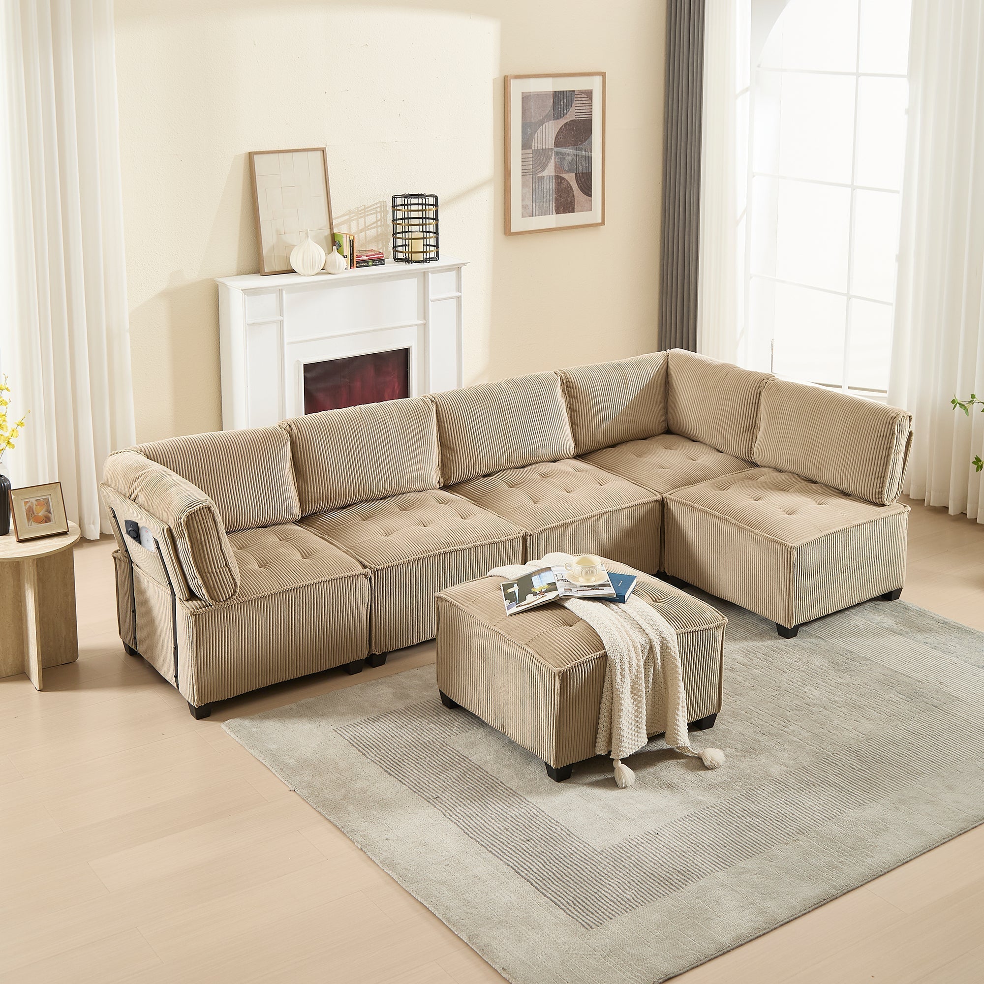 Modular Sofa 6-Seater Convertible Sleeper with Storage Pockets, Corduroy Khaki