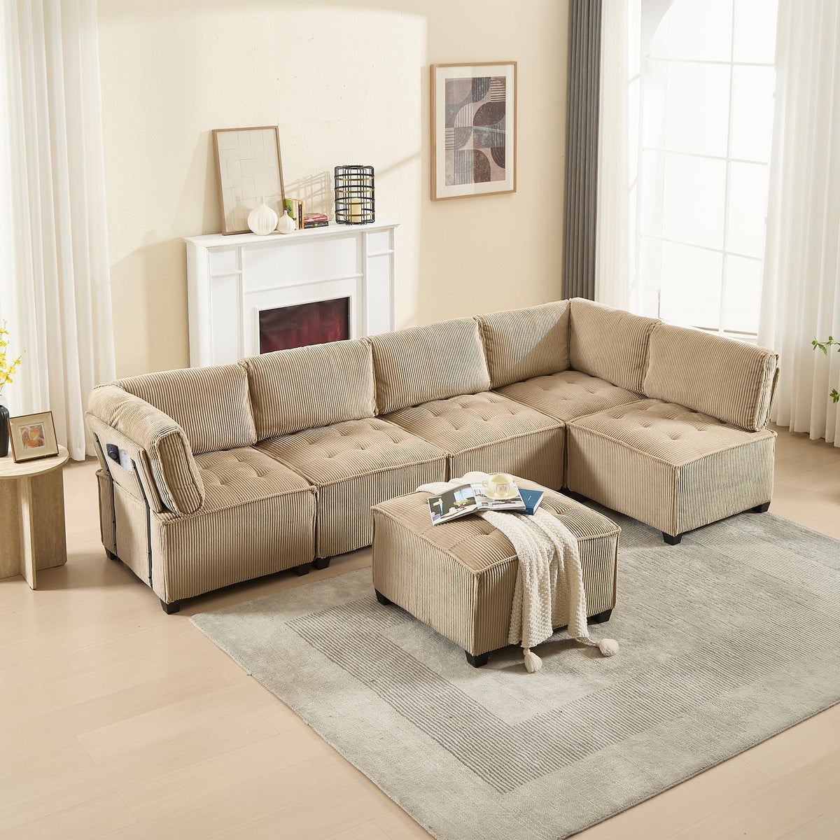 Modular Sofa 6-Seater Convertible Sleeper with Storage Pockets, Corduroy Khaki