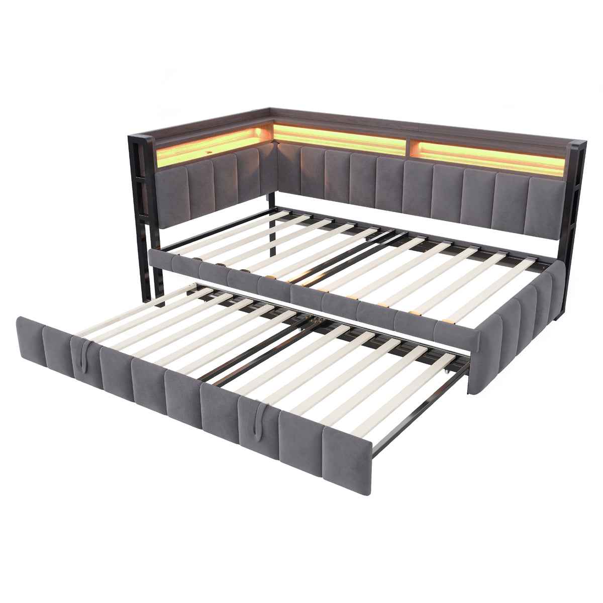 Upholstered Sofa Bed 90x200cm with Trundle & LED, Dark Grey Velvet