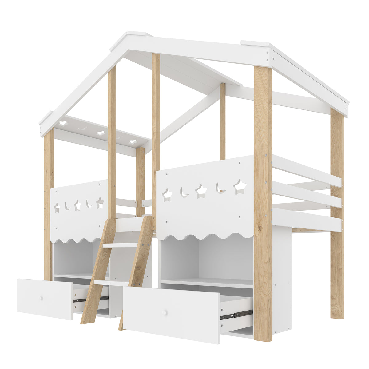 House Shape Loft Bed 90x200cm with 2 Drawers & LED, White + Natural