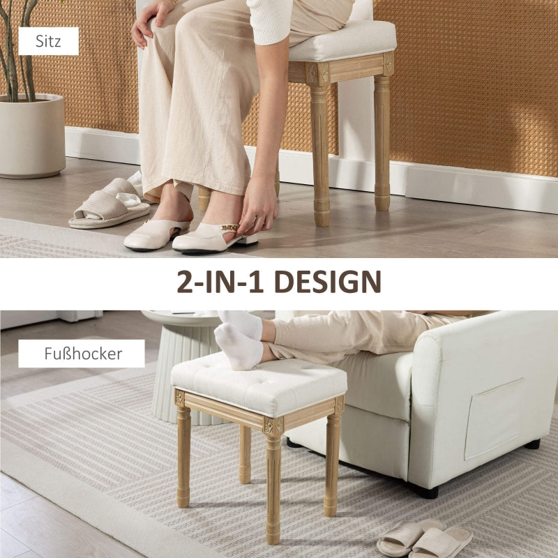 Linen Stool Upholstered Padded Seat Wooden Legs - Beige