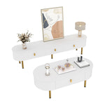 TV Cabinet Coffee Table Set, Luxury Living Room Combination with Drawers, Rounded Corners, White and Gold