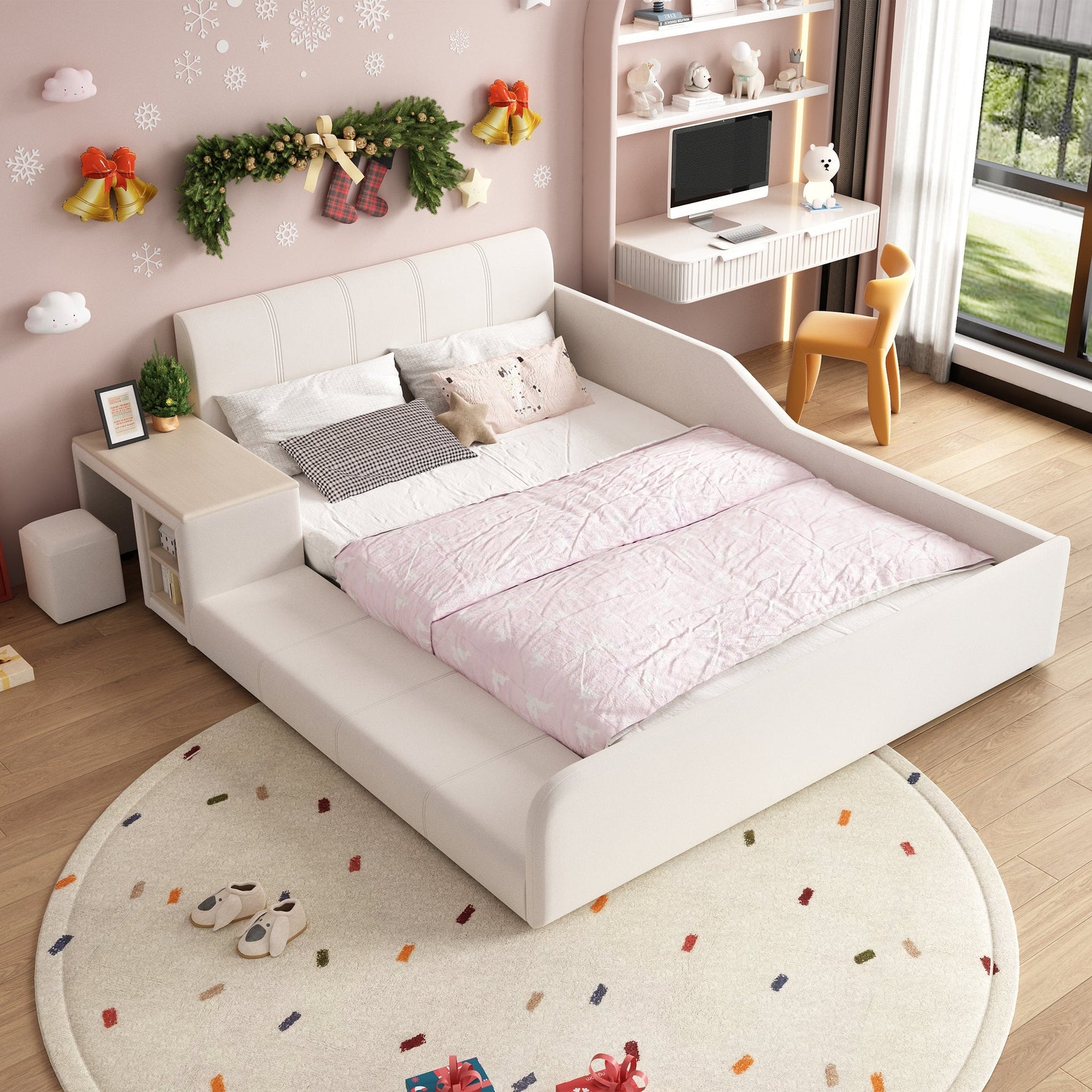 Upholstered Bed with Desk, Stool and Storage Shelf, 140x200cm, White Velvet