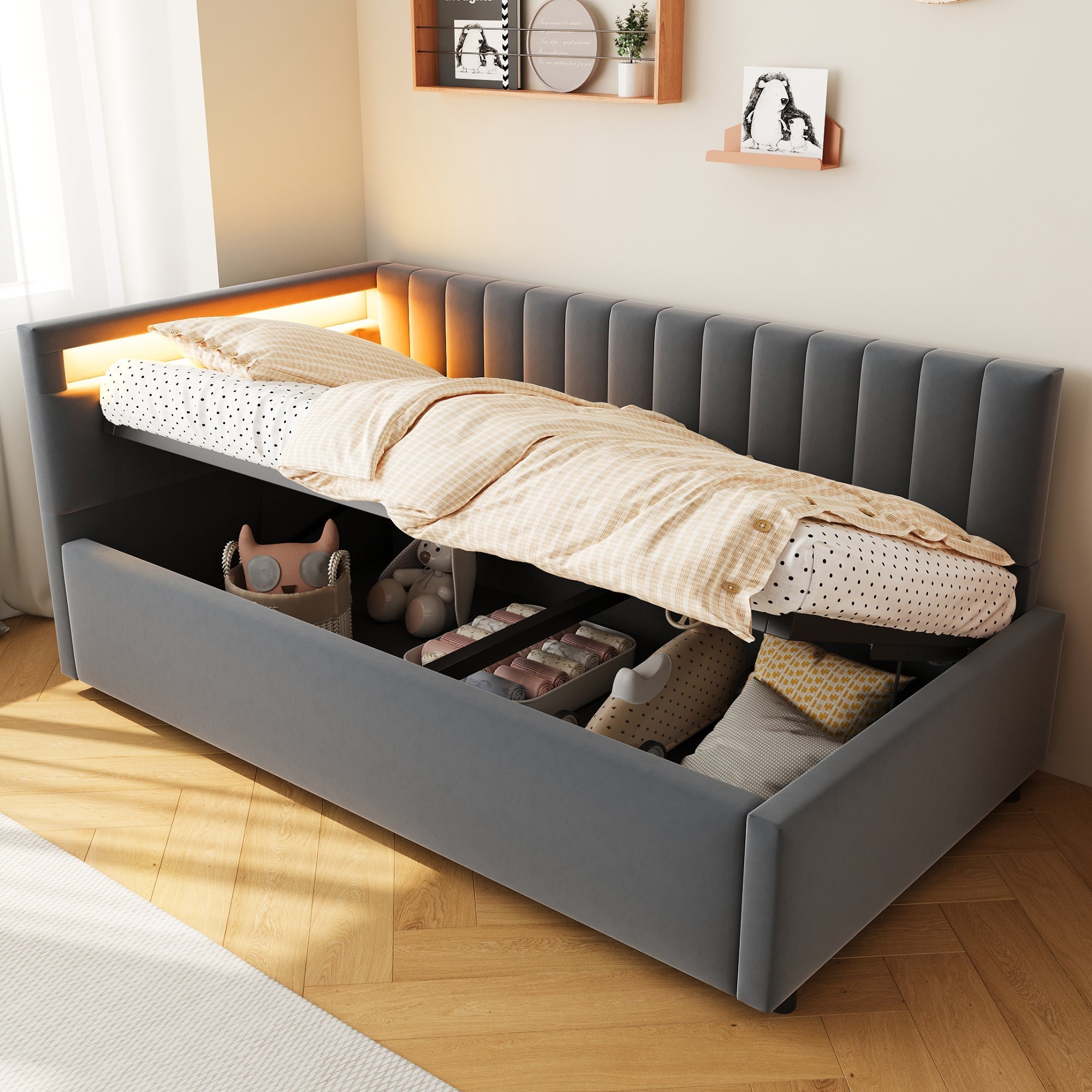 Upholstered Sofa Bed 90x200, with LED & Hydraulic Storage, Velvet Grey
