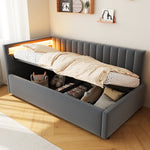 Upholstered Sofa Bed 90x200, with LED & Hydraulic Storage, Velvet Grey