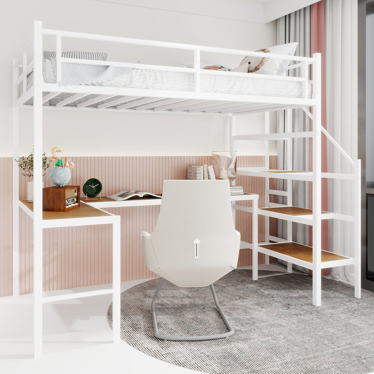 Loft Bed, L-Shaped Desk, Storage & Stairs, Sturdy Frame