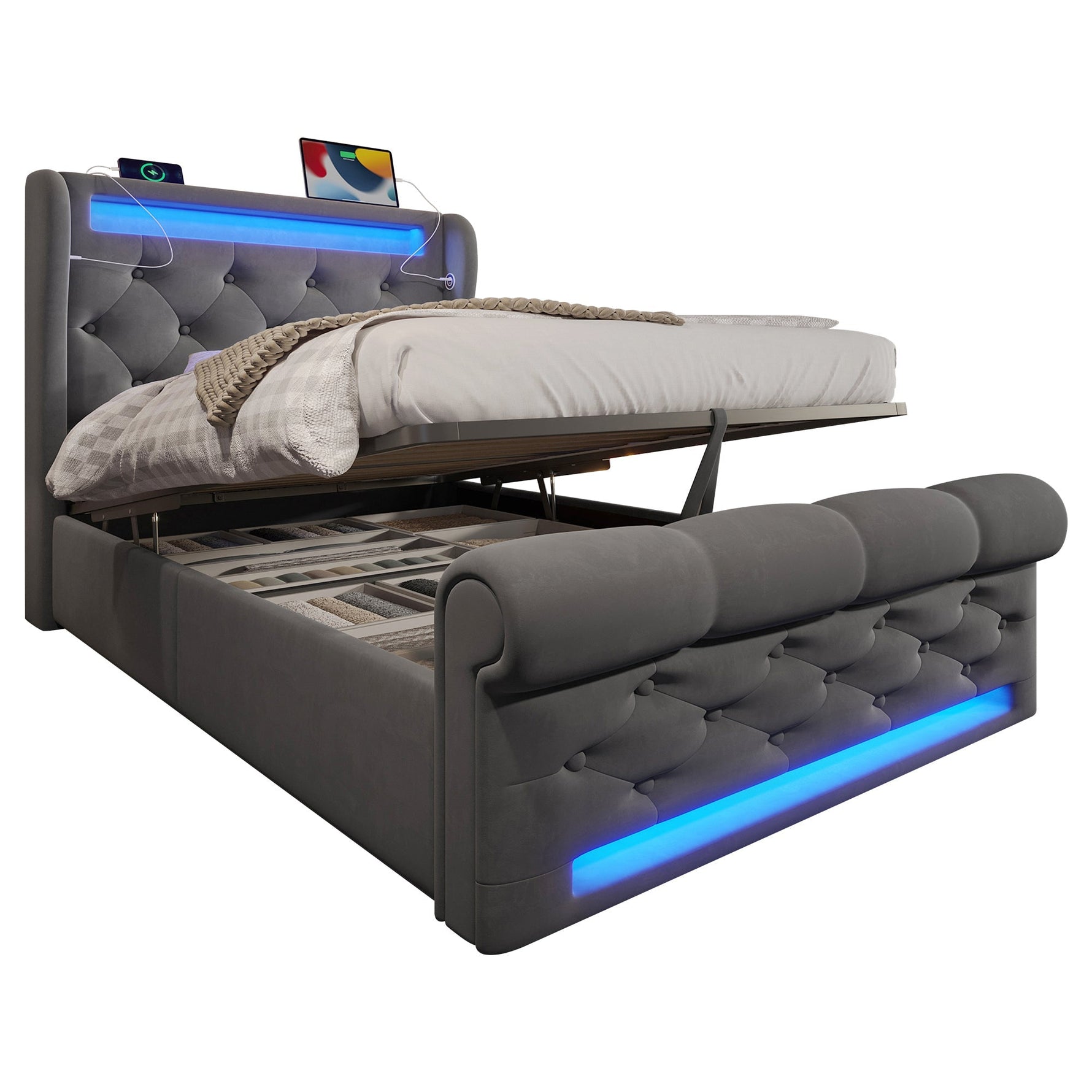 Upholstered Single Bed 90x200cm LED Headboard Hydraulic Storage, Grey Velvet