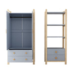 Double-Door Wardrobe Combination Set with Clothes Rail and Drawers, Spruce Wood, Blue/Natural Wood, 180cm