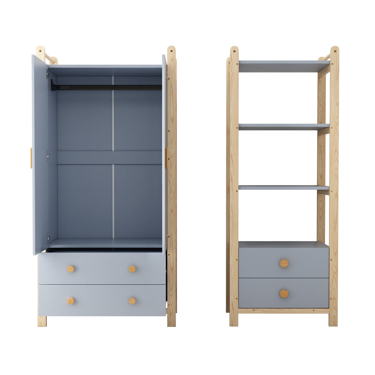 Double-Door Wardrobe Combination Set with Clothes Rail and Drawers, Spruce Wood, Blue/Natural Wood, 180cm