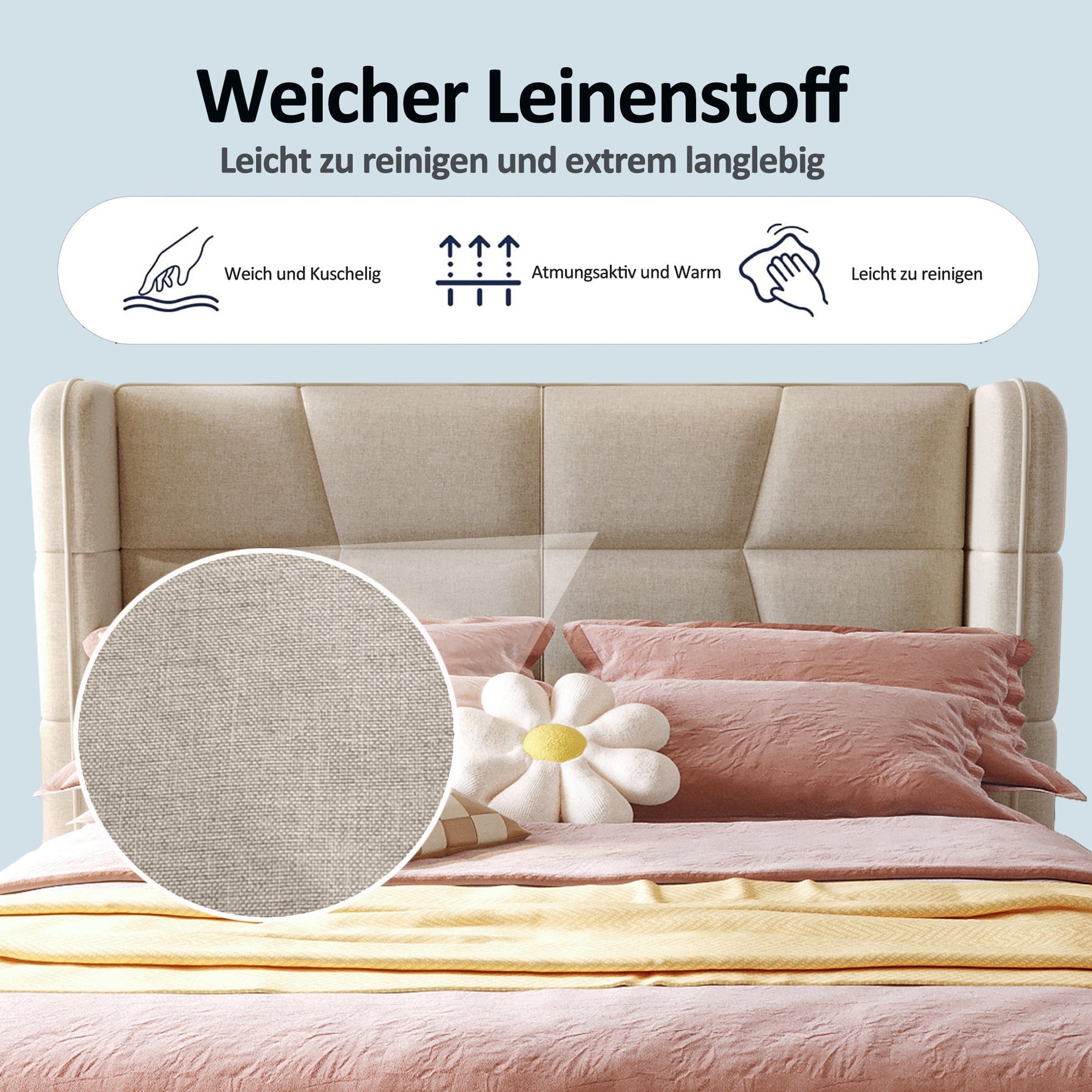 Upholstered Bed with Pneumatic Storage System and Headboard, 90 x 200 cm, Beige Linen